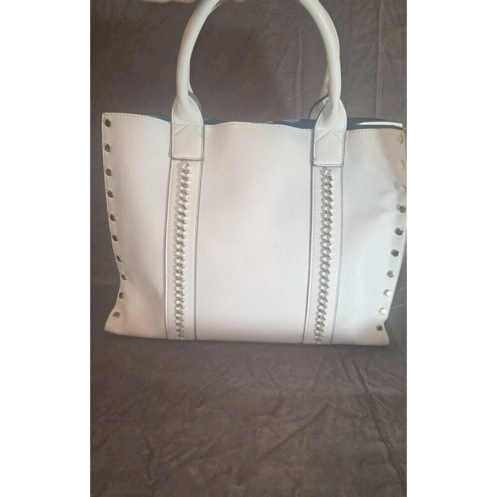 Kate Landry White Faux Pebbled Leather Gold Chain Studded Large Tote Bag. HL8